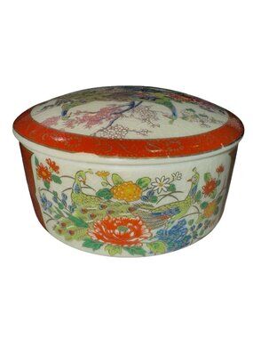 Vintage Satsuma Japanese Peacock Jewelry Box 3.75" Made in Japan